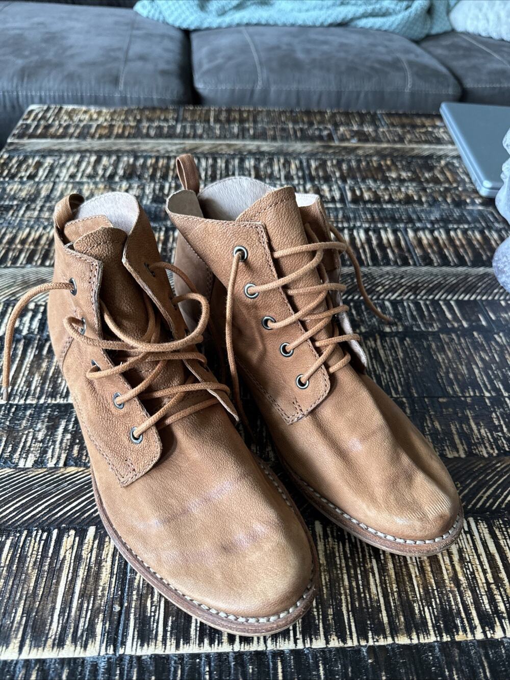 Sam Edelman Tan Leather Lace Up Ankle Boots Mock Toe Heritage Workwear Boho 7.5
